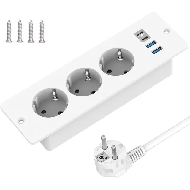SUDEERY Einbausteckdose 3-fach mit USB-C – Weiß · 2 m