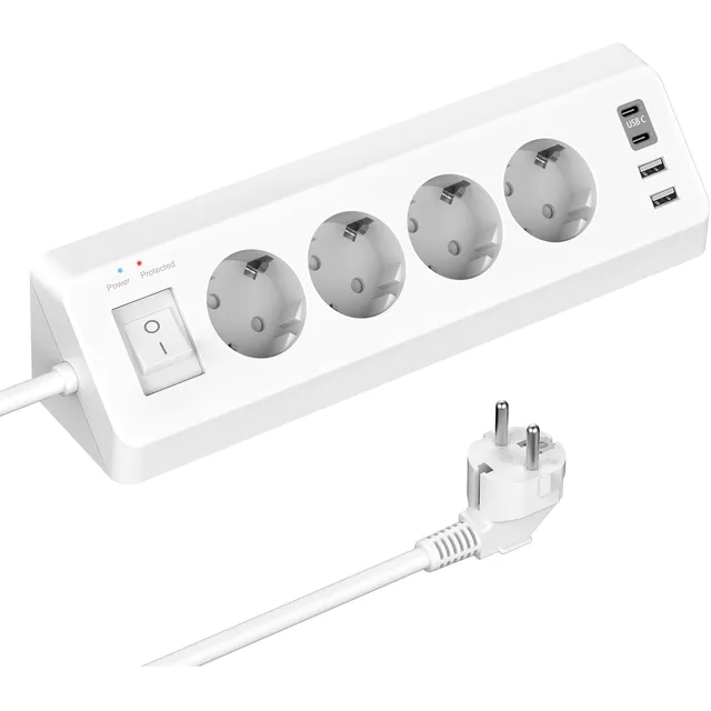 SUDEERY Ecksteckdose 4-fach mit USB-C – Weiß · 2 m