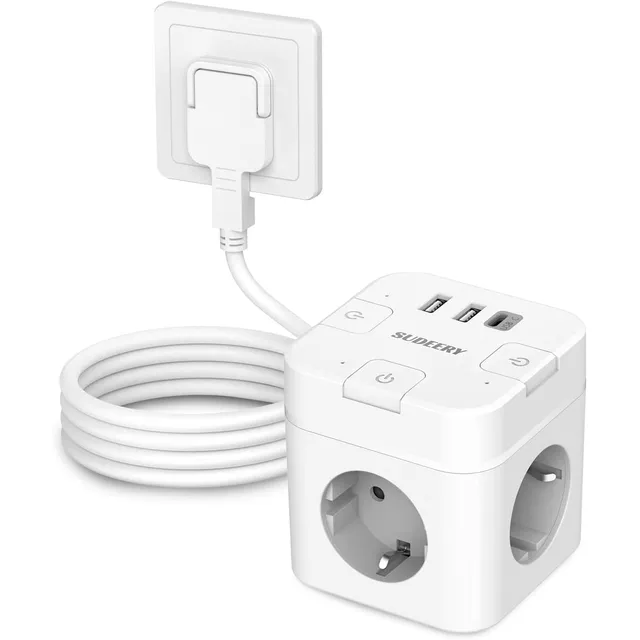 SUDEERY Steckdosenwürfel 3-fach mit USB-C – Weiß · 2 m
