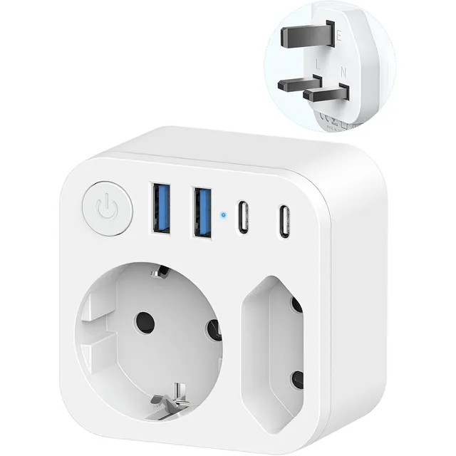 SUDEERY Reiseadapter mit 4 USB – EU → Großbritannien