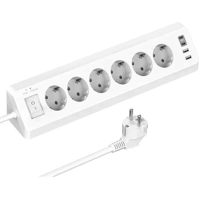 SUDEERY Ecksteckdose 6-fach mit USB-C – Weiß · 2 m
