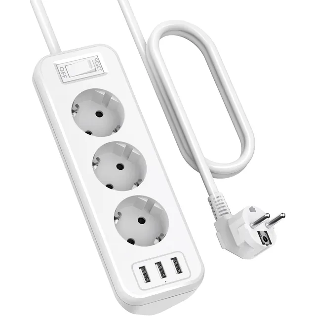 SUDEERY Ecksteckdose 3-fach mit 3 USB – Weiß · 1,8 m