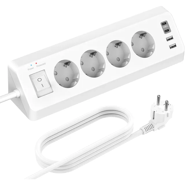 SUDEERY Ecksteckdose 4-fach mit USB-C – Weiß · 3 m