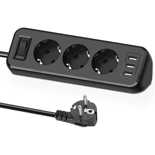 SUDEERY Ecksteckdose 3-fach mit 3 USB – Schwarz · 1,8 m