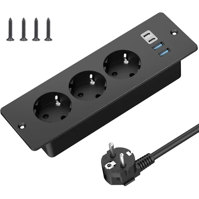 SUDEERY Einbausteckdose 3-fach mit USB-C – Schwarz · 2 m