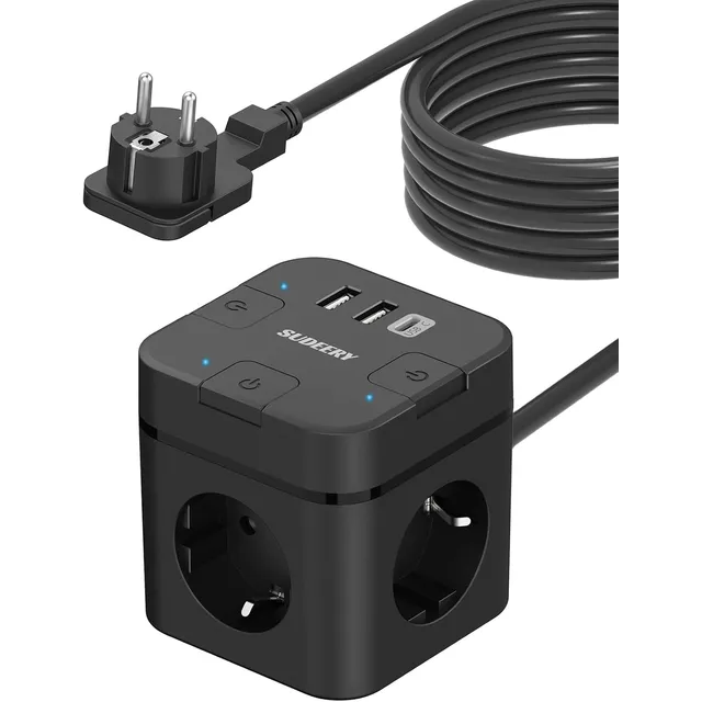 SUDEERY Steckdosenwürfel 3-fach mit USB-C – Schwarz · 4 m