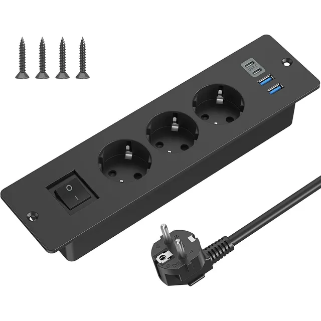 SUDEERY Einbausteckdose 3-fach mit Schalter – Schwarz · 2 m