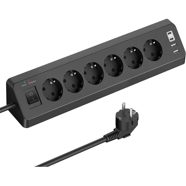 SUDEERY Ecksteckdose 6-fach mit USB-C – Schwarz · 2 m
