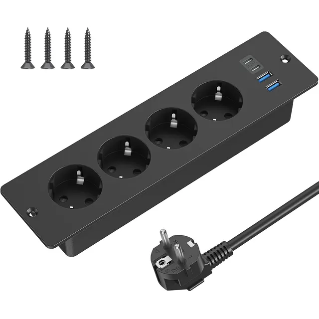 SUDEERY Einbausteckdose 4-fach mit USB-C – Schwarz · 2 m
