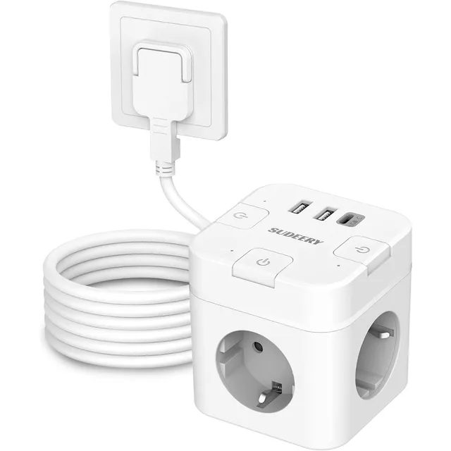 SUDEERY Steckdosenwürfel 3-fach mit USB-C – Weiß · 4 m