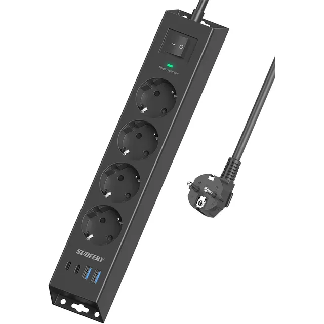 SUDEERY Steckdosenleiste 4-fach mit USB-C – Schwarz · 2 m