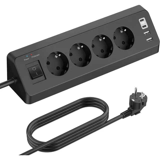SUDEERY Ecksteckdose 4-fach mit USB-C – Schwarz · 3 m