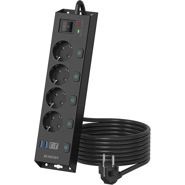 SUDEERY Steckdosenleiste 4-fach, einzeln schaltbar, USB-C – Schwarz · 2 m