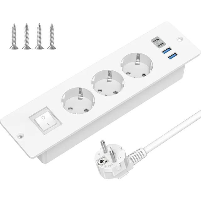 SUDEERY Einbausteckdose 3-fach mit Schalter – Weiß · 2 m