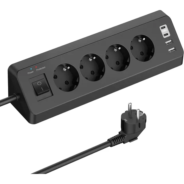 SUDEERY Ecksteckdose 4-fach mit USB-C – Schwarz · 2 m