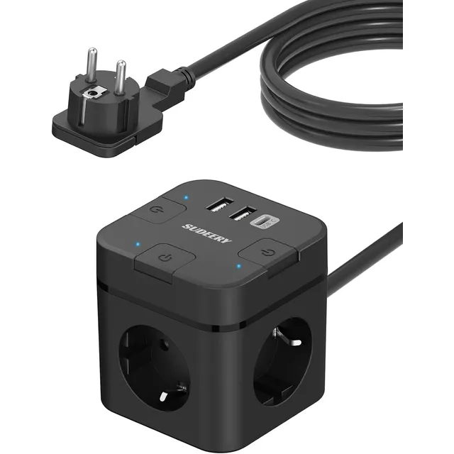 SUDEERY Steckdosenwürfel 3-fach mit USB-C – Schwarz · 2 m