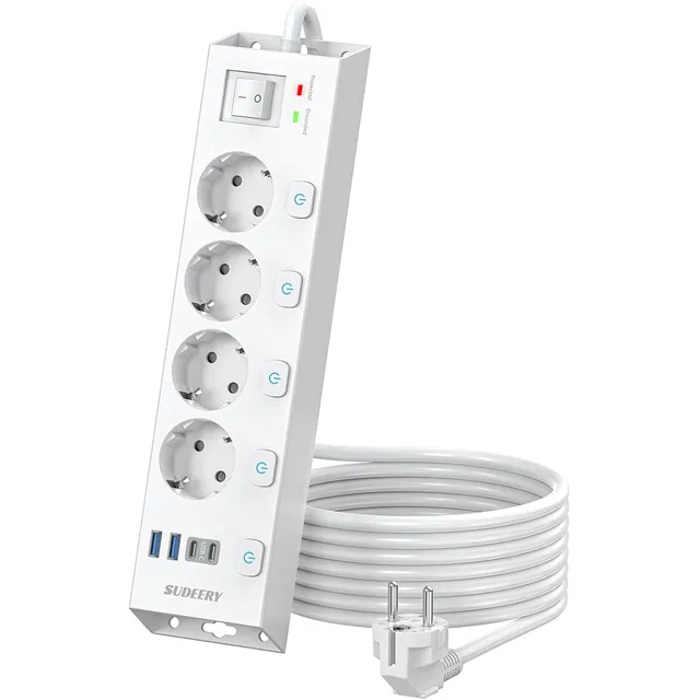 SUDEERY Steckdosenleiste 4-fach, einzeln schaltbar, USB-C – Weiß · 2 m
